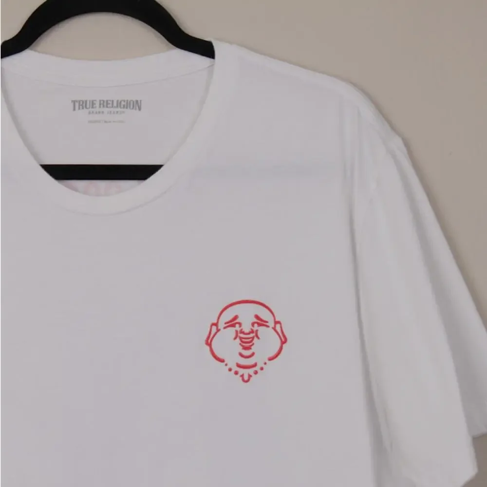 TRUE RELIGION | Mens White Red Buddha Logo Graphic T-Shirt Raised Paint Y2K 2XL